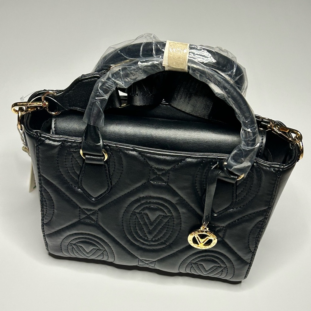 Valentino Orlandi Black Quilted Satchel Bag Gold Hardware Logo Charm NWT